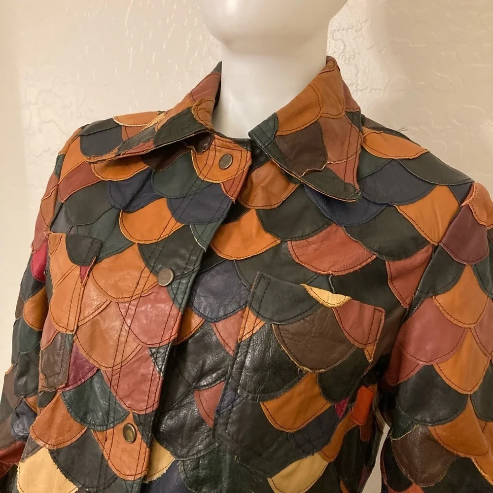 Vintage 1970’s Patchwork Fish Scale Leather Shirt Jacket Medium - Picture 6 of 15